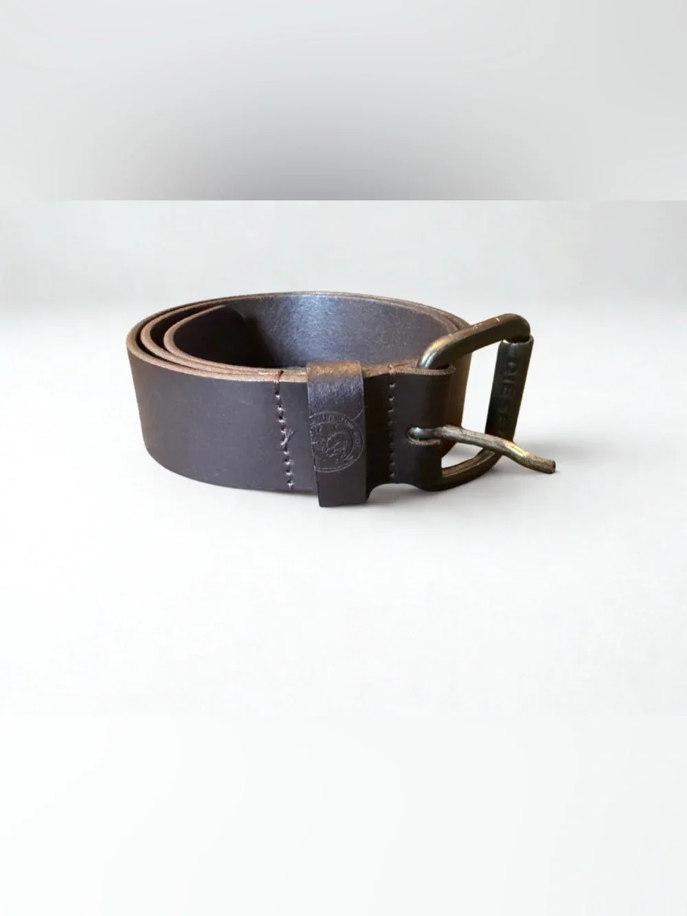 Diesel Dark Brown Leather Belt with Antiqued Brass Buckle